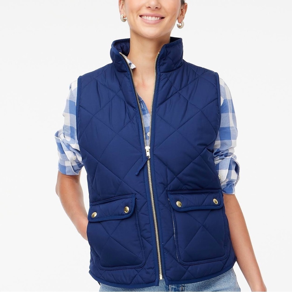 J. Crew Blue Plaid Puffer Vest With Pockets Gold Zipper NWT